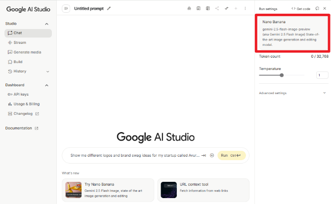 Google AI Studioにアクセスnanobananaモデルを選択