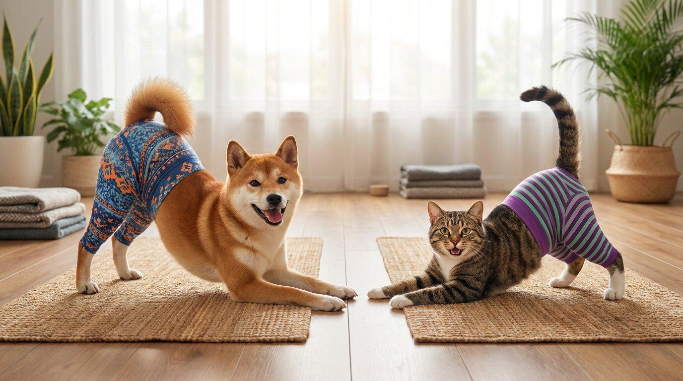 Filmoraで猫や犬にヨガパンツ履かせるAI画像を作成するイメージ