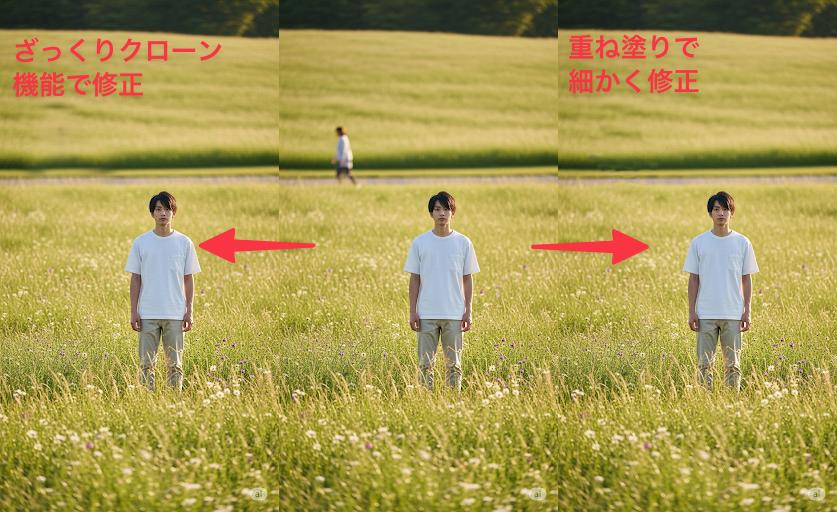 Picsartアプリで人を消す-「クローン」の重ね塗り