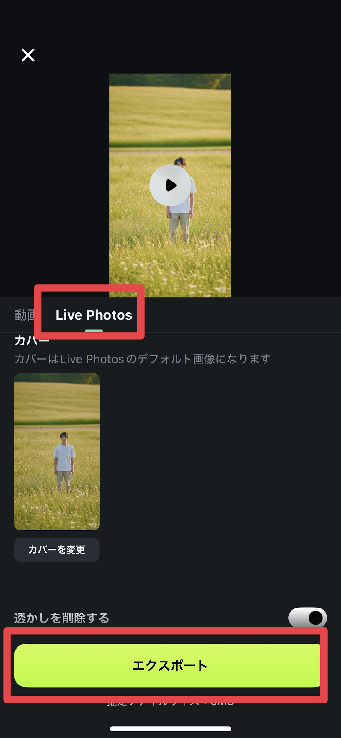 「エクスポート」をクリック