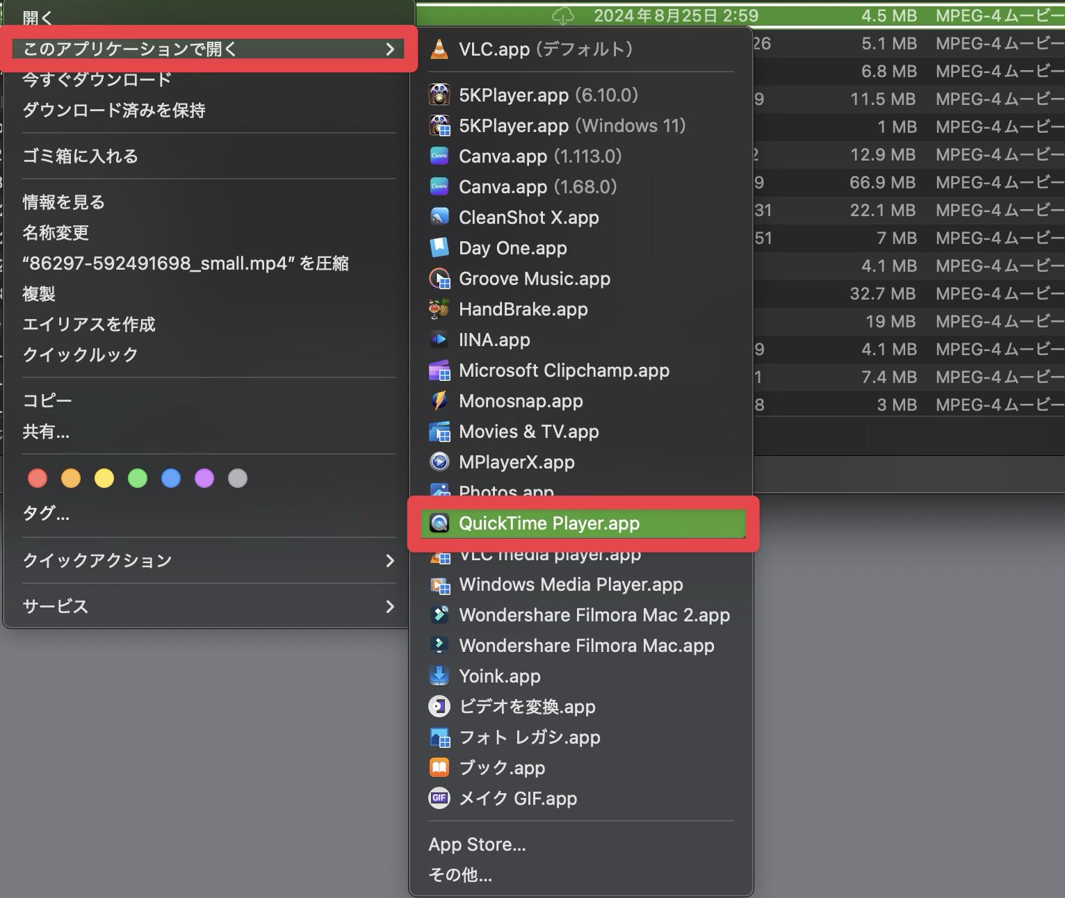 QuickTime Playerで動画を開く