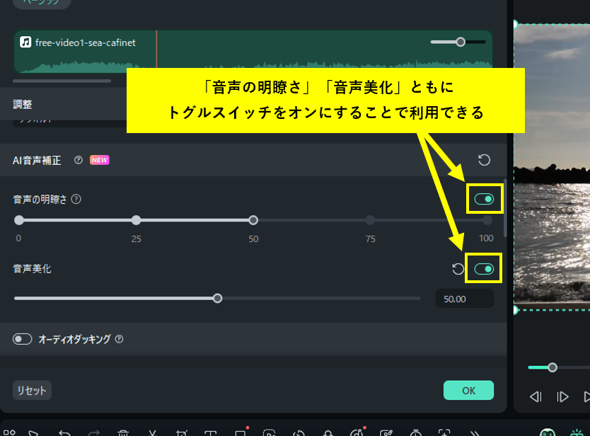 「音声の明瞭さ」と「音声美化」の2種類の調整