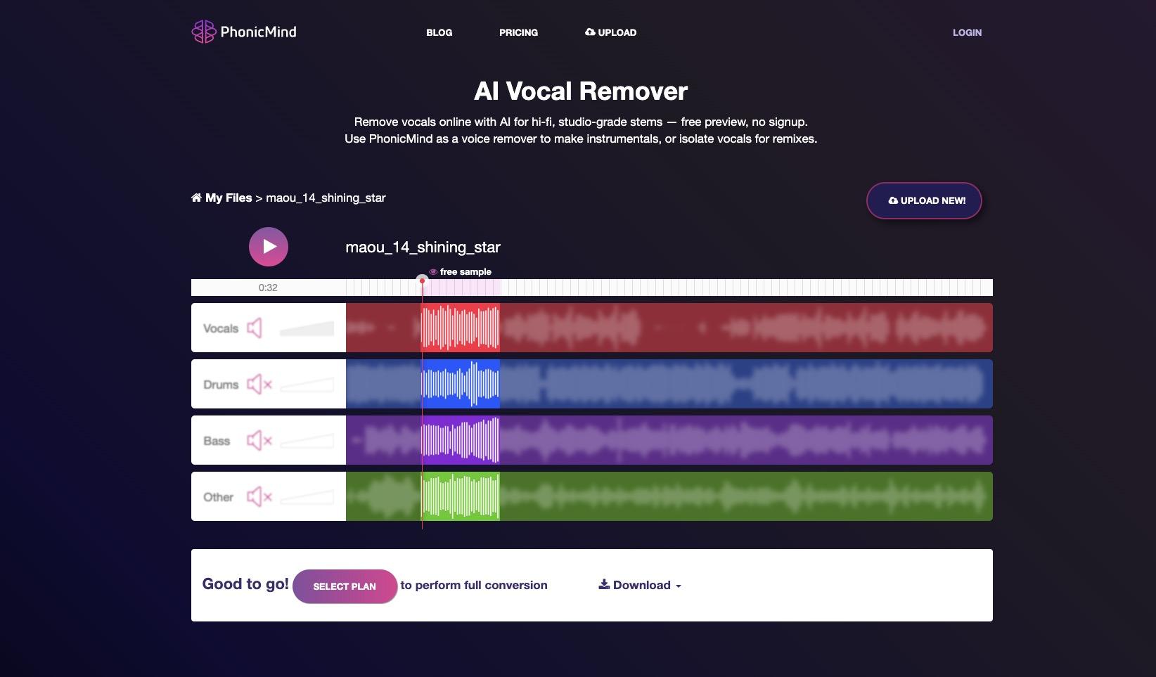 ボーカル抽出無料サイト-PhonicMind
