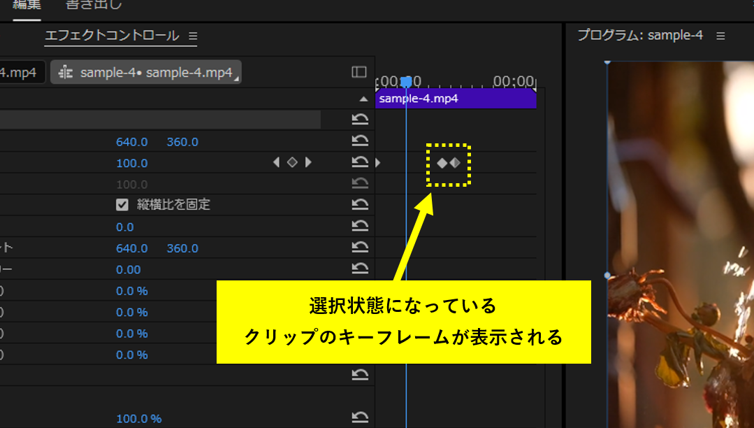 Premiere Proキーフレームが表示されるか確認