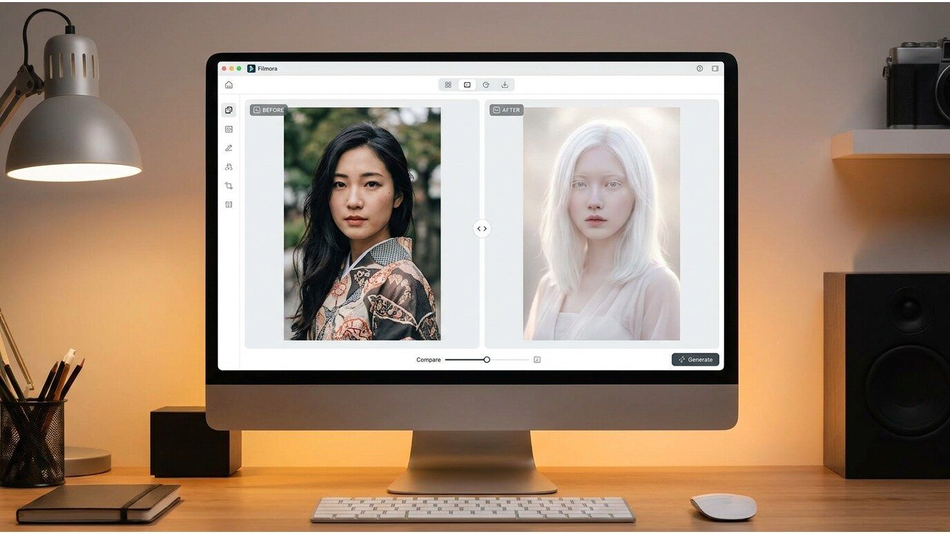 FilmoraのAI画像生成でaiアルビノ風加工の前後比較画像を作成