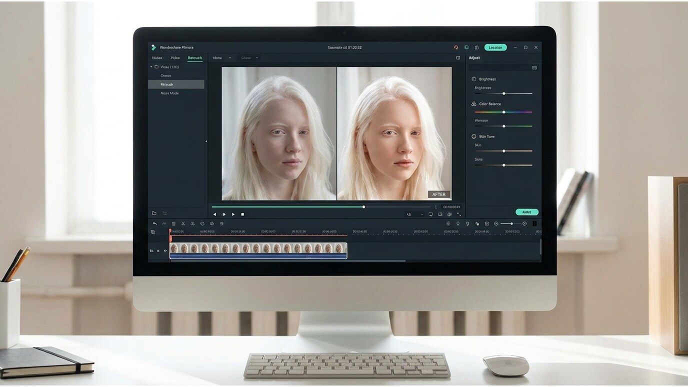Filmoraのレタッチで白肌と髪色を自然に調整