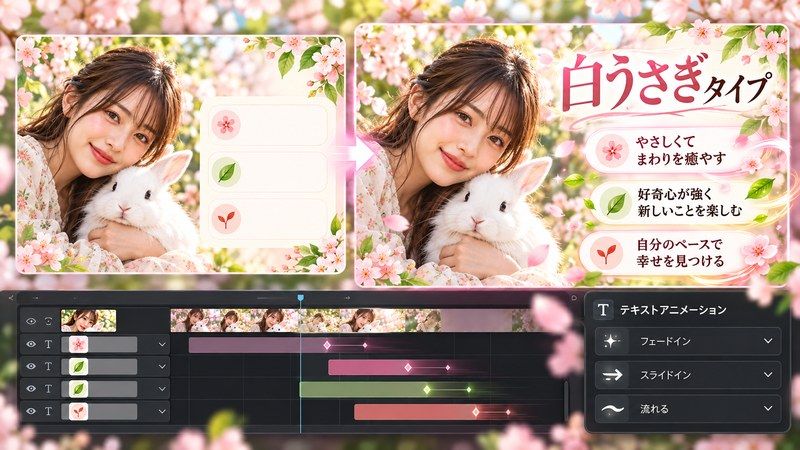 AI動物診断の動物名と性格をテキストアニメーションで表示