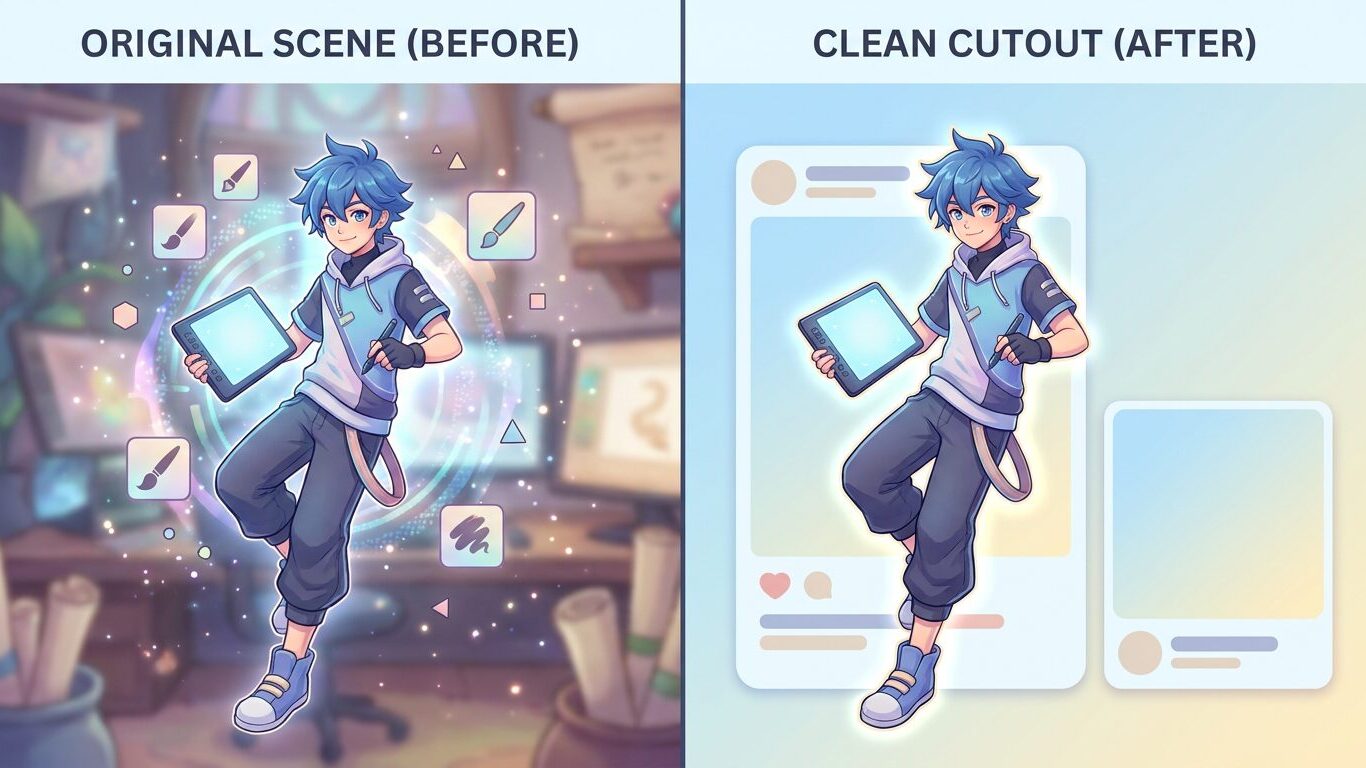 FilmoraのAIスマートカットアウトでキャラクターを使いやすく整えるイメージ