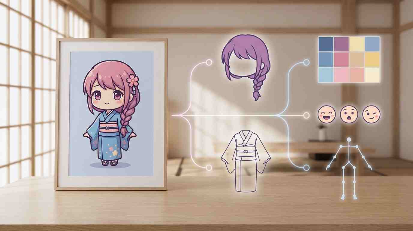 FilmoraのAI画像からプロンプト生成でAIちびキャラの作風を再現するイメージ