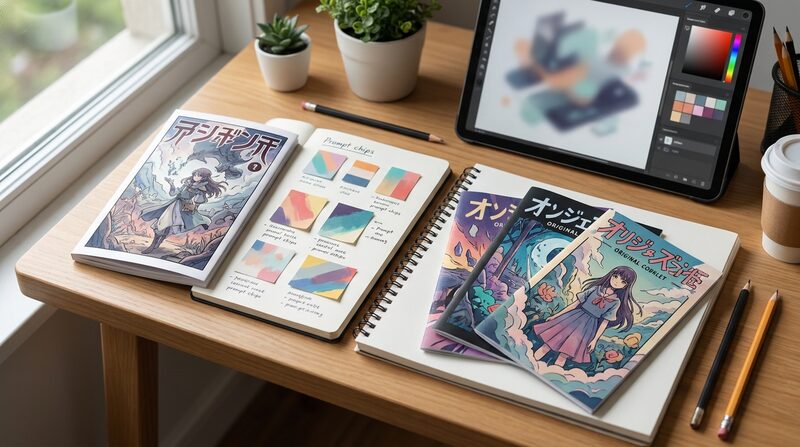 FilmoraのAI画像からプロンプト生成で同人誌表紙のテイストを再現するイメージ