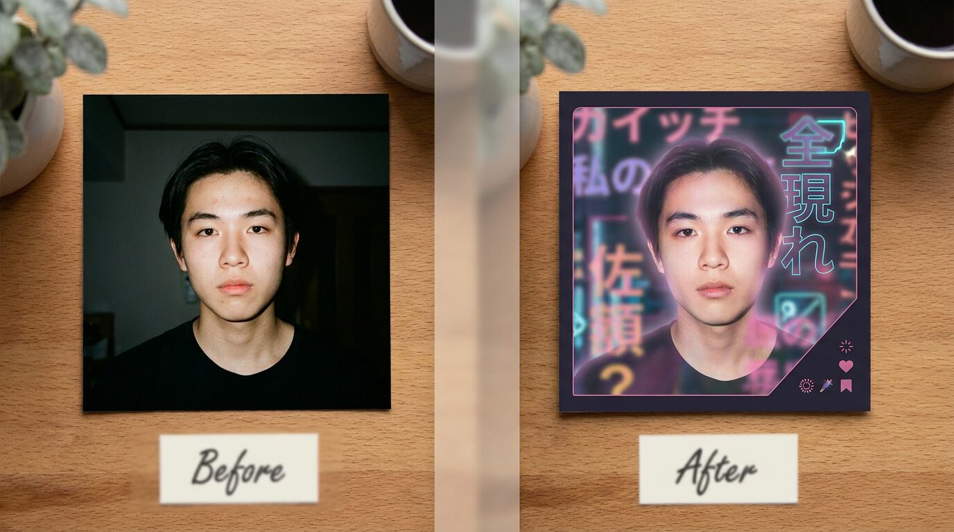 FilmoraのAIサムネイルエディターでAIフラッシュ加工画像を仕上げるイメージ