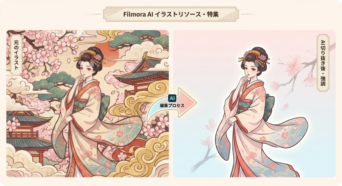 FilmoraのAIスマートカットアウトでAIイラストを整理するイメージ