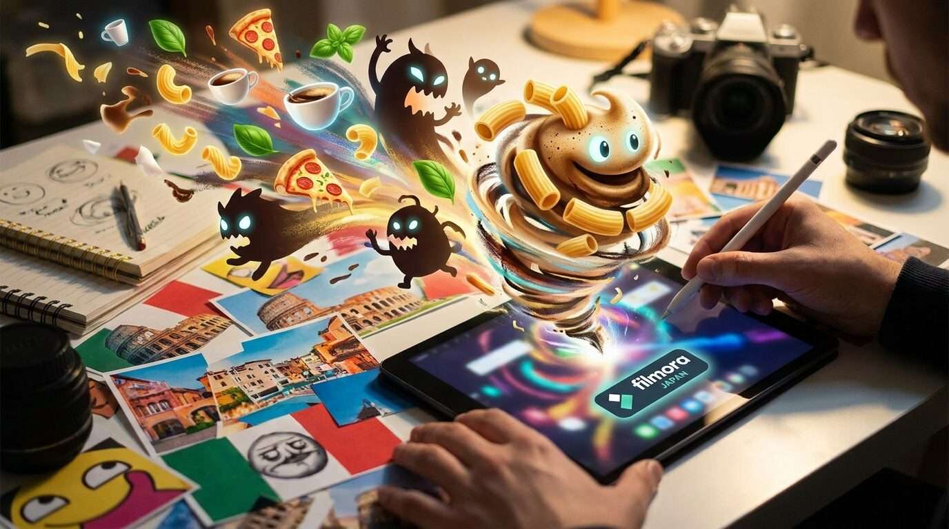 FilmoraでGPT Image 2を使ってAIイタリアンブレインロット作成をするイメージ