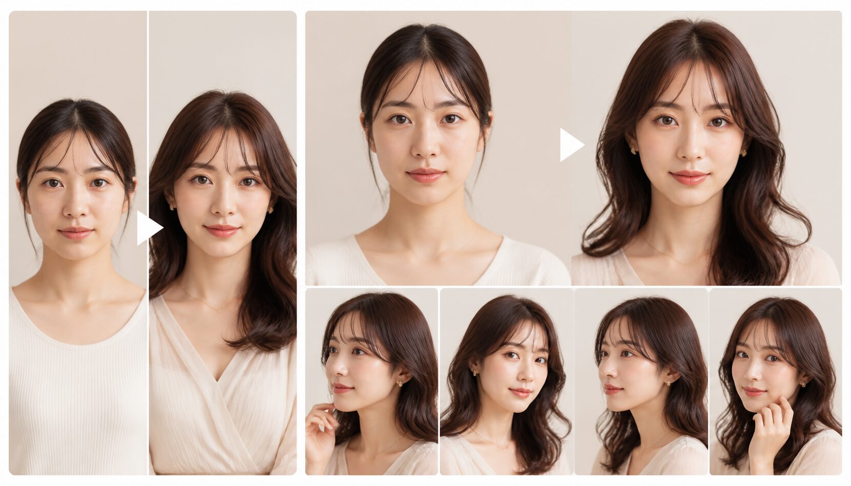 FilmoraのオートリフレームでAI顔タイプ診断の比較画像をSNS比率へ展開するイメージ
