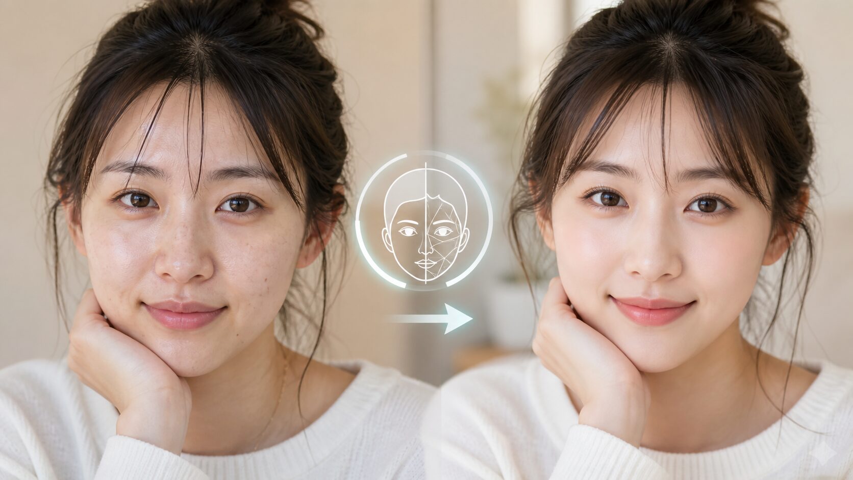 FilmoraのAIレタッチ美顔フィルターでAI顔タイプ診断後の盛れ感を整えるイメージ
