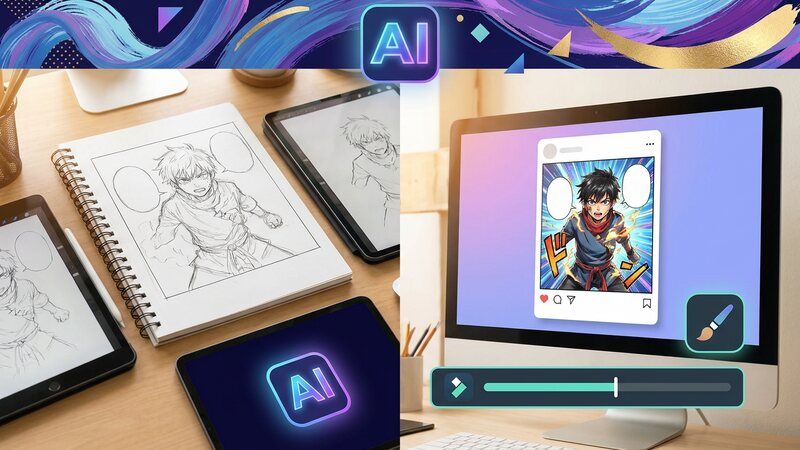 FilmoraでAI漫画サムネイルにタイトル装飾を加えるイメージ