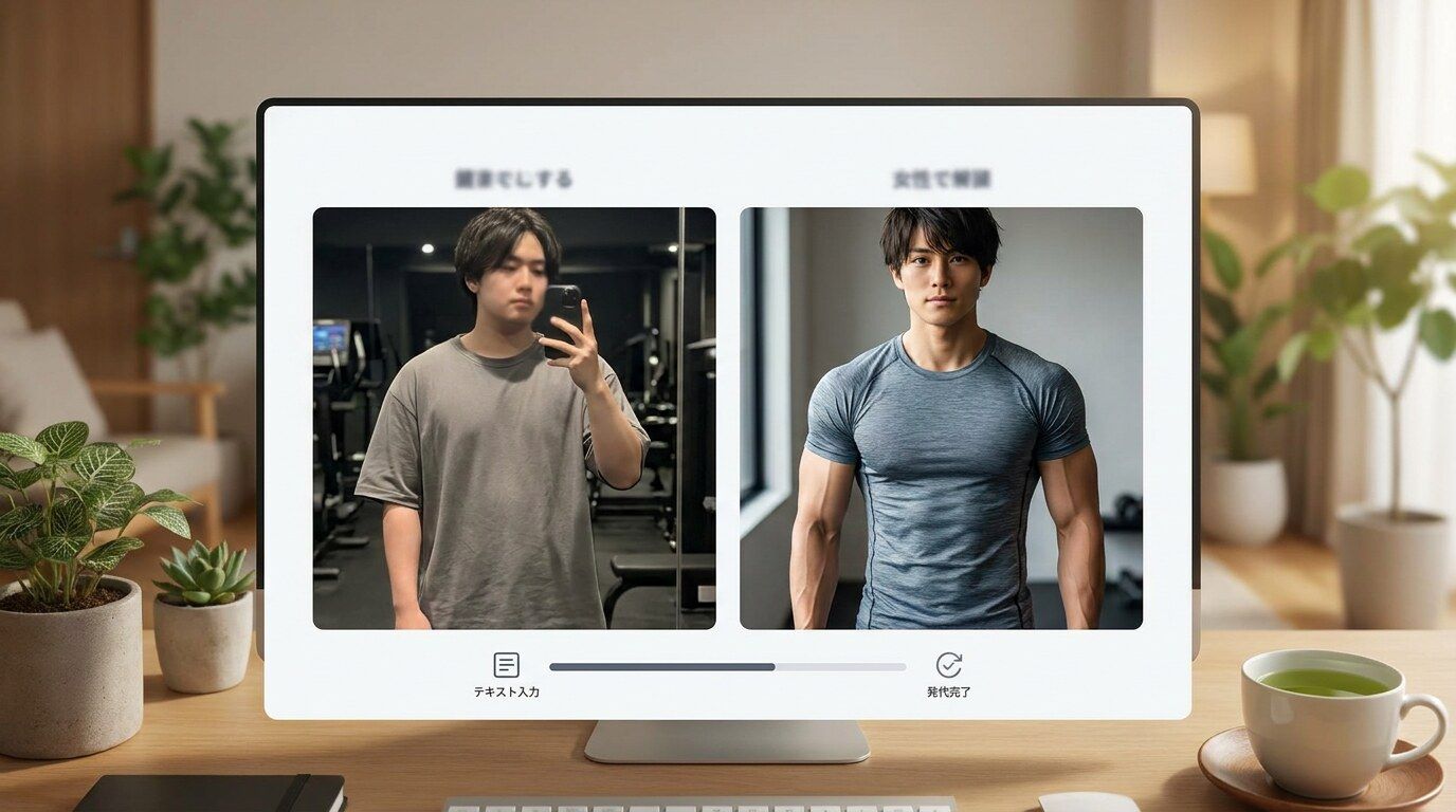 FilmoraのGPT Image 2でAI筋肉 加工の比較画像を作るイメージ