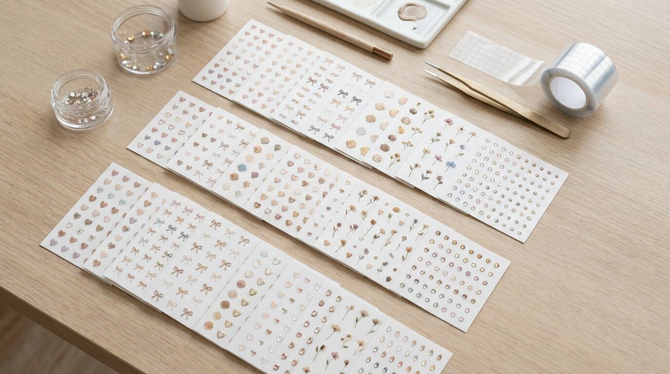 FilmoraのAIステッカーでネイルモチーフやチップ見本を整理するイメージ