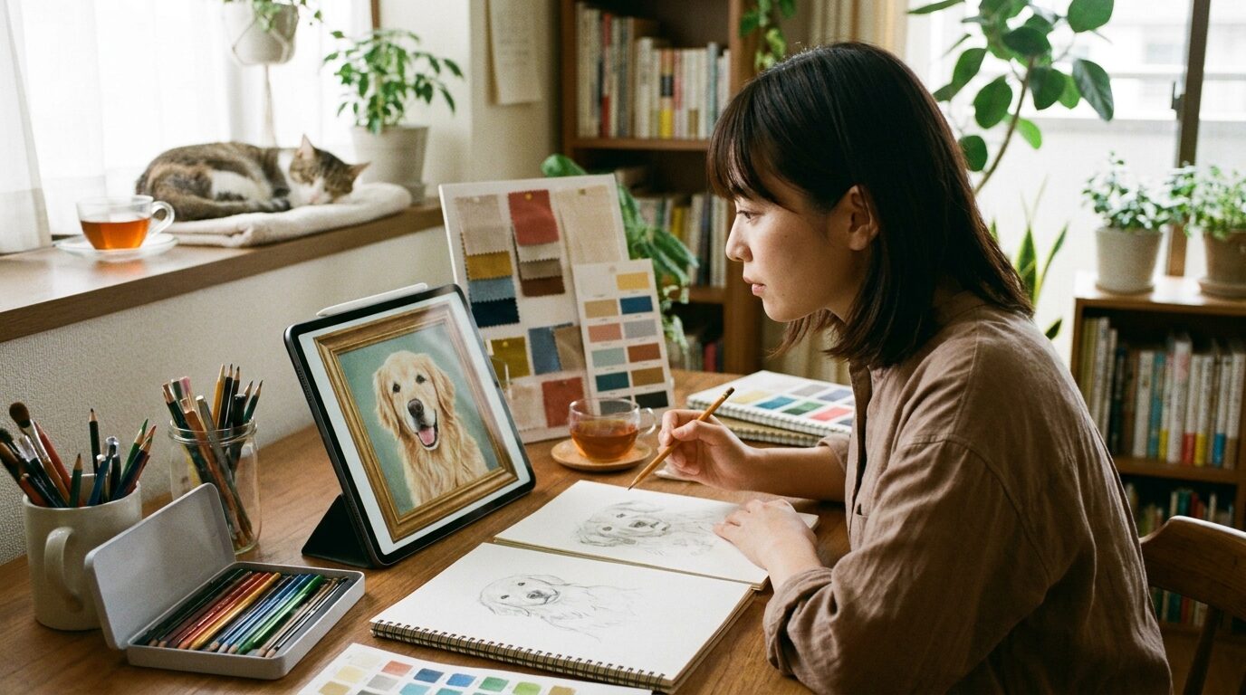 FilmoraのAI画像からプロンプト生成でペットポートレートの作風を分析するイメージ