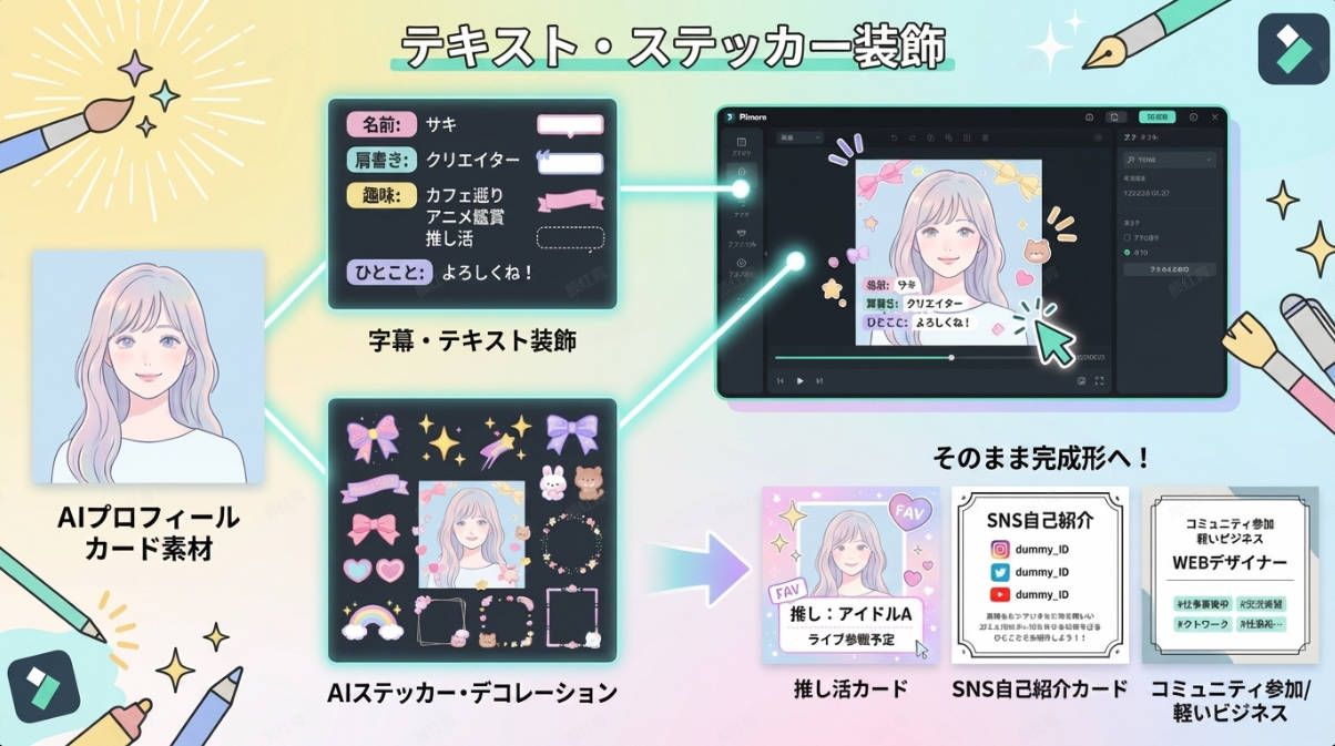 FilmoraでAIプロフィールカードに文字入れとステッカー装飾を追加