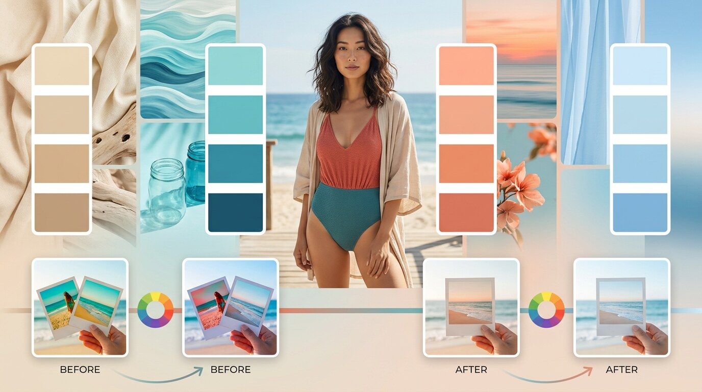 FilmoraのAI カラーパレットでAI水着画像の色味を整えるイメージ