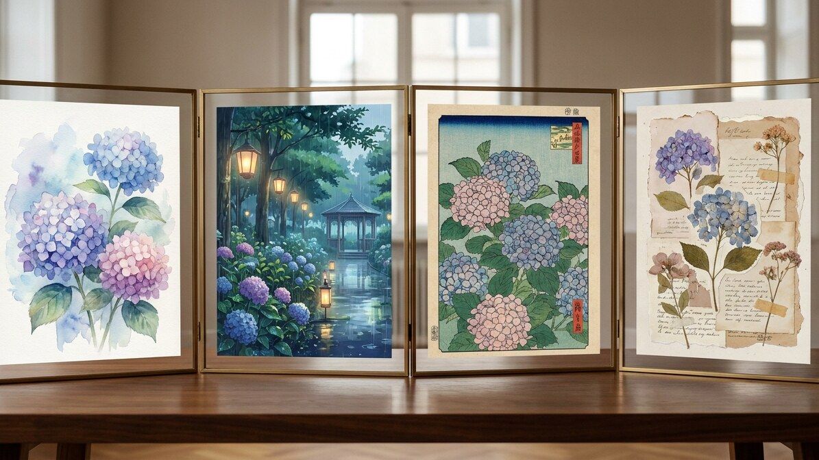 FilmoraのAI画像生成で多風格の紫陽花イラストを作成
