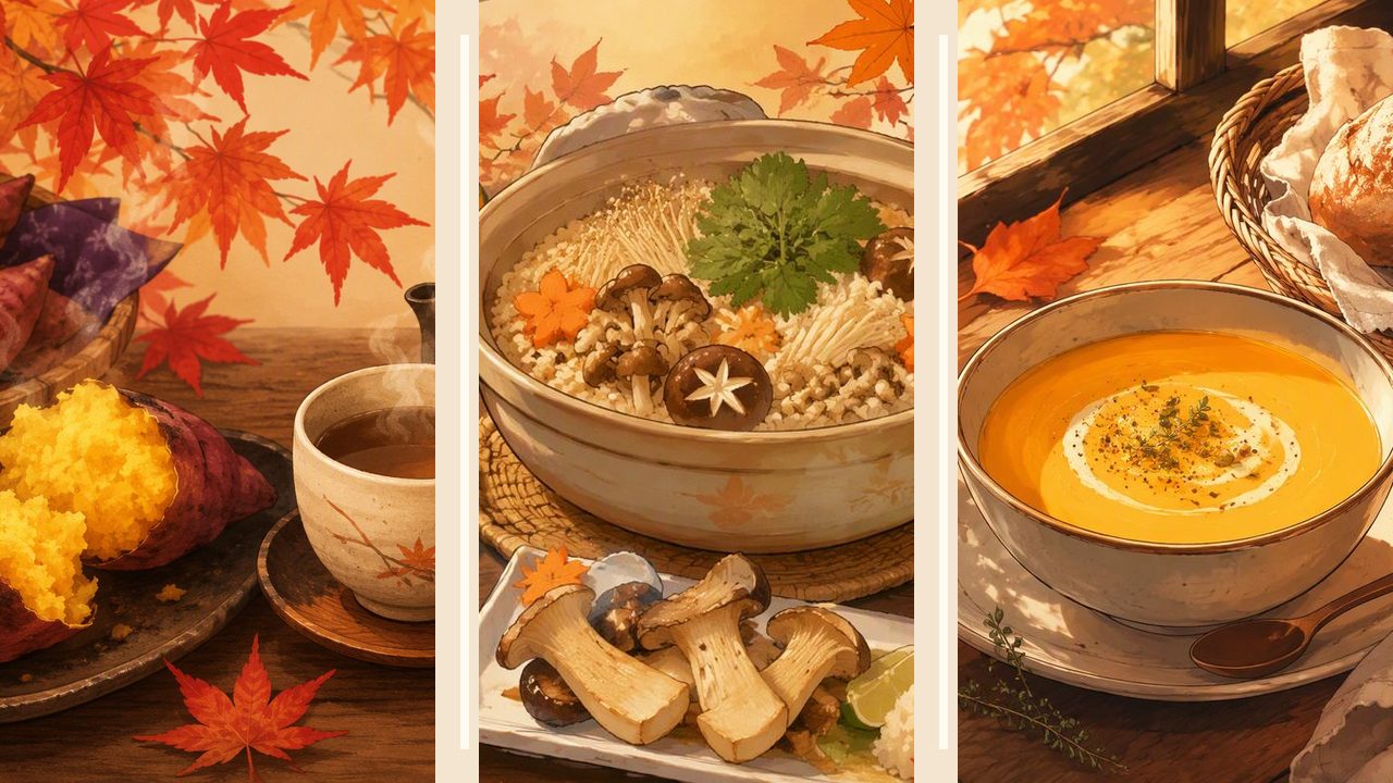 画像拡張で秋食べ物イラストの余白を整えるイメージ