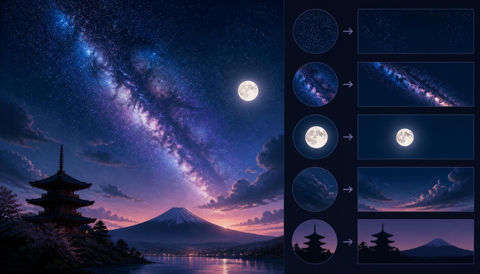 FilmoraのAI画像からプロンプト生成で天の川イラストを活用するイメージ