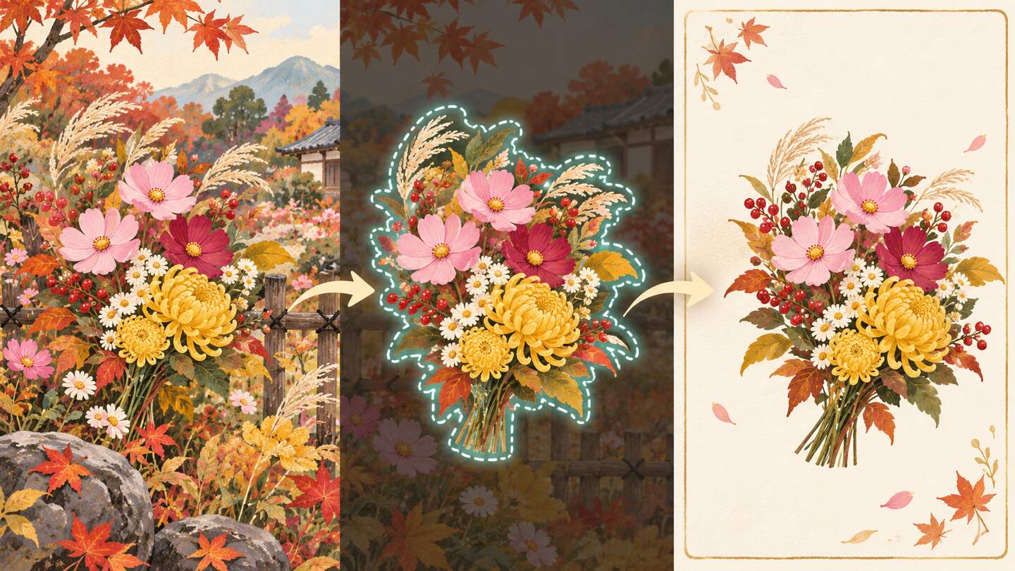 AIスマートカットアウトで秋の花イラストを切り抜く前後比較