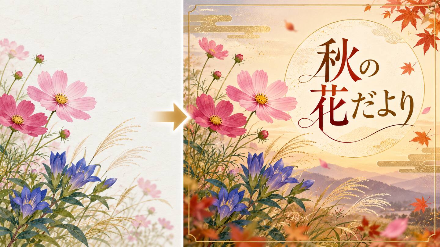 秋の花イラストにタイトルを追加してSNSカードへ仕上げる前後比較