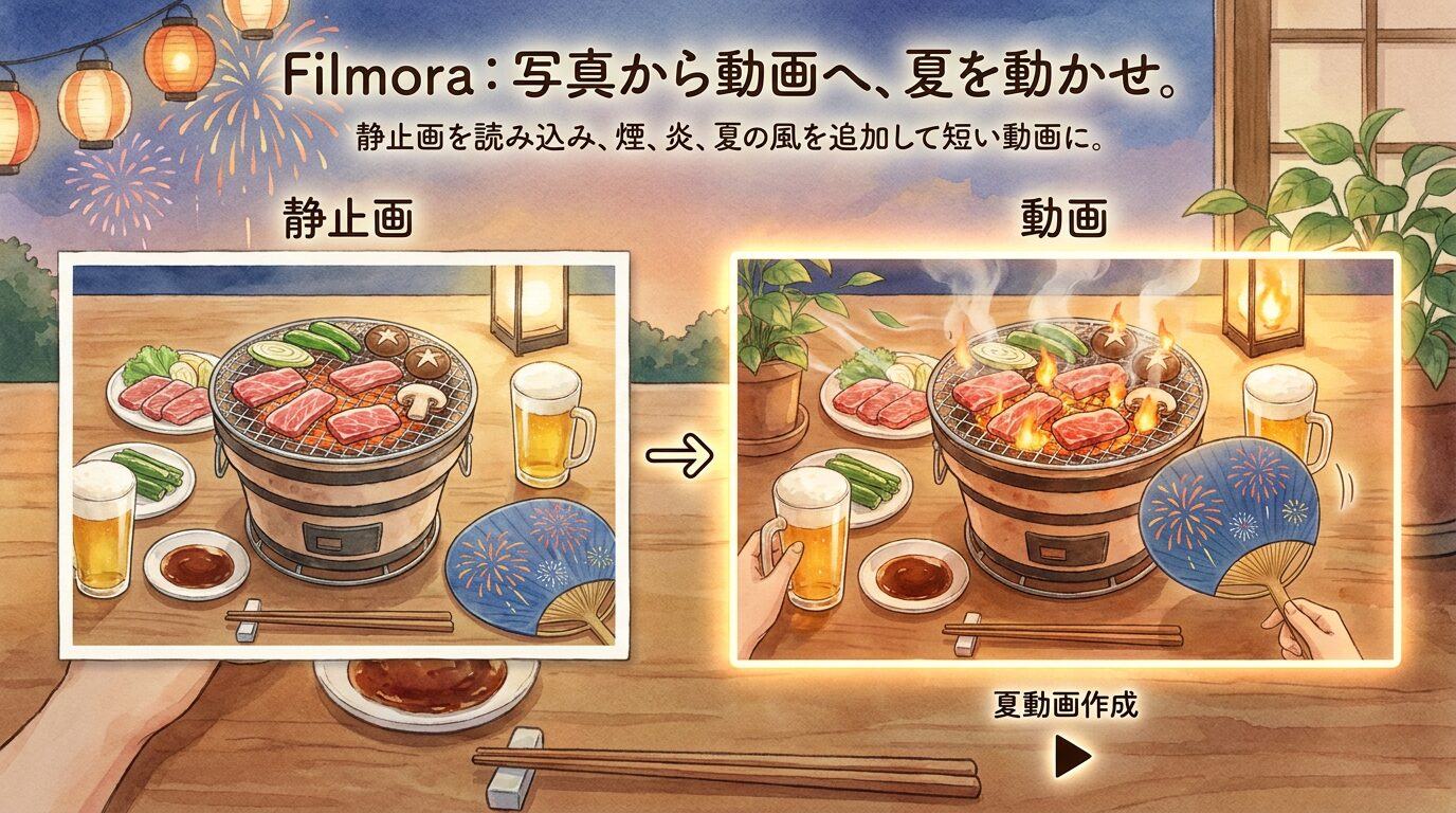 FilmoraのAI画像から動画生成でバーベキューイラストを動画化