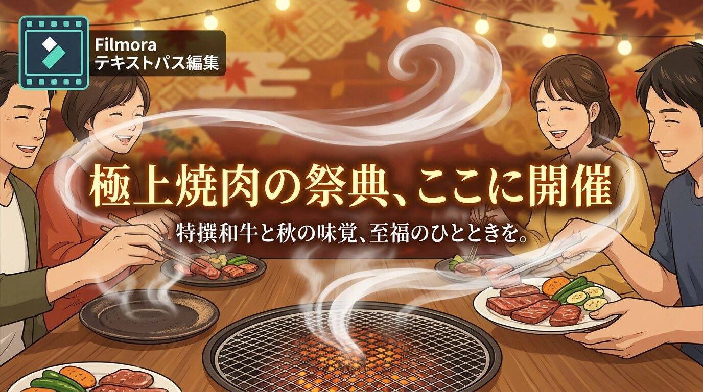 Filmoraのテキストパスでバーベキューイラストに日本語タイトルを追加