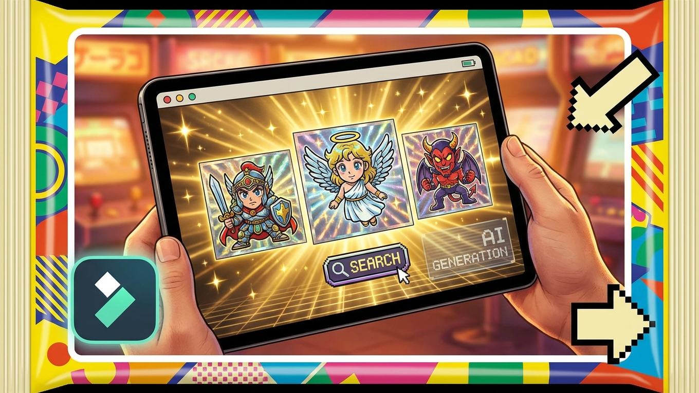 FilmoraのAI画像生成でビックリマン風シールを作るイメージ