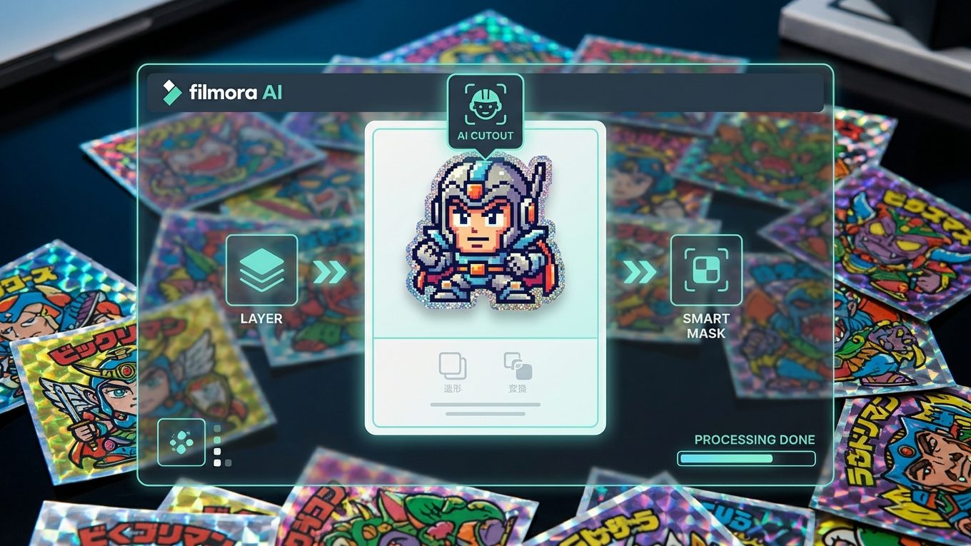 FilmoraのAIスマート切り抜きでビックリマン風シール素材を整理するイメージ