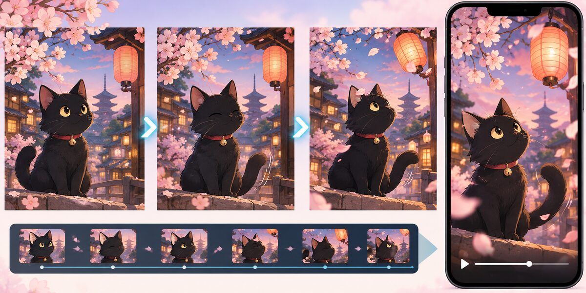 黒猫イラストをFilmoraの画像から動画生成で動かすイメージ