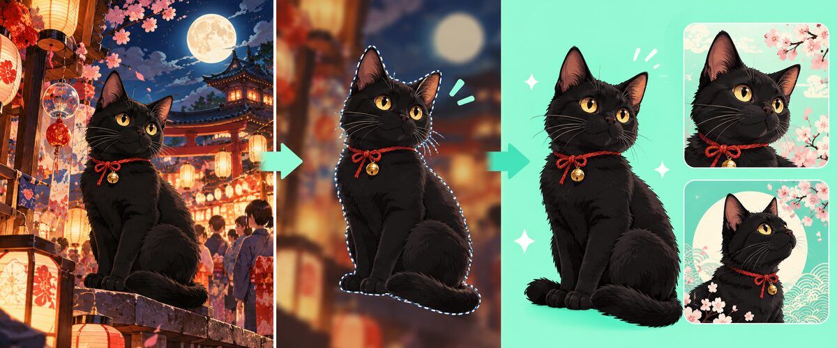 黒猫イラストをAIスマートカットアウトで背景から切り抜くイメージ