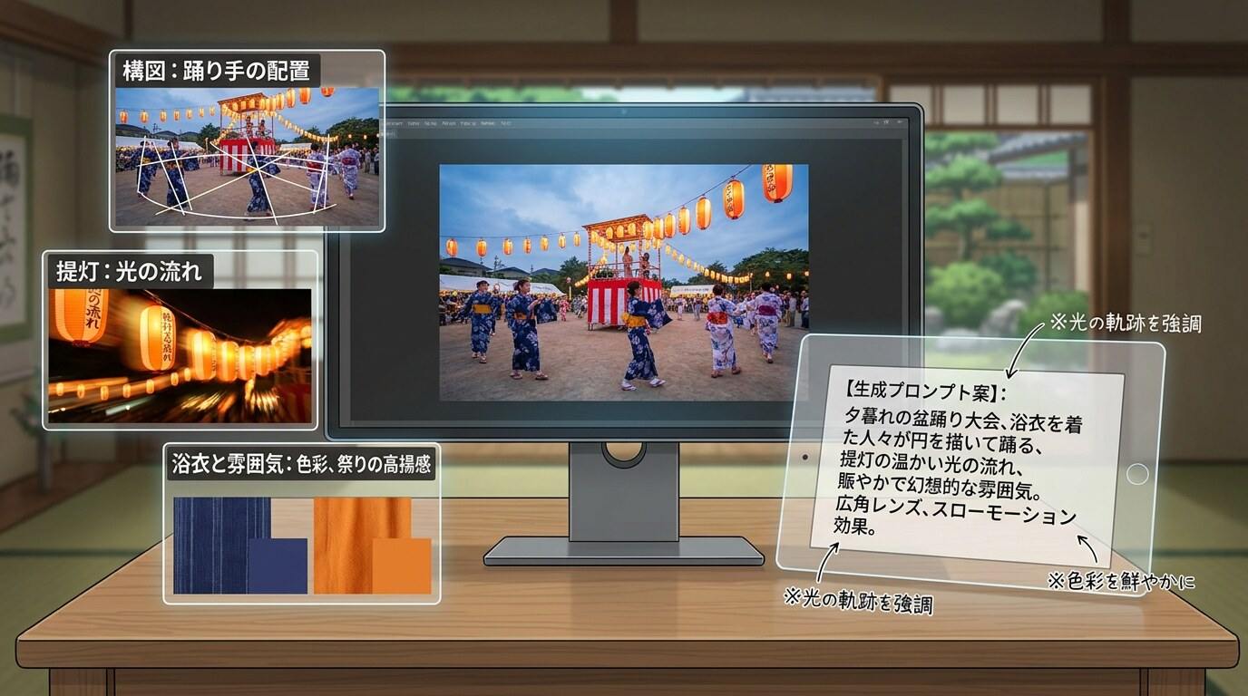 FilmoraのAI画像からプロンプト生成で盆踊り参考画像から動画向けプロンプトを作る