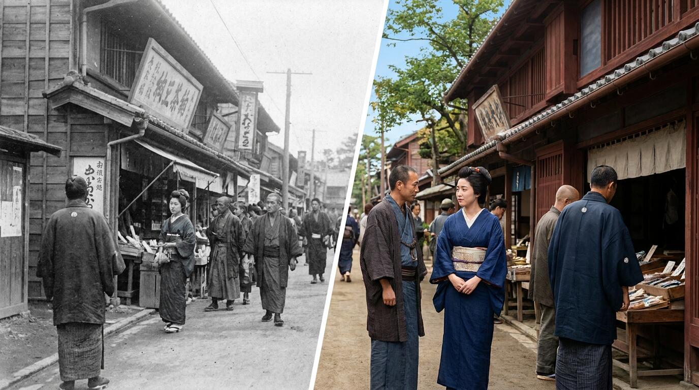 FilmoraのAI画像からプロンプト生成で白黒写真カラー化の雰囲気を言語化するイメージ