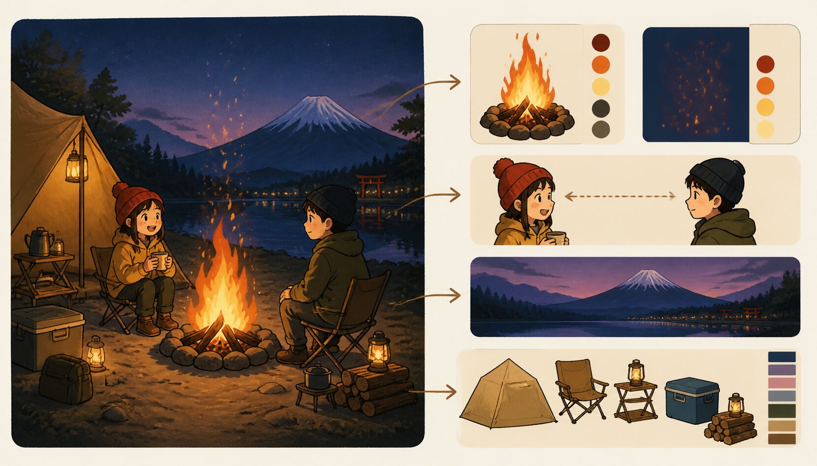 FilmoraでAI画像からプロンプト生成を使ってキャンプファイヤーイラストの方向性を整理するイメージ