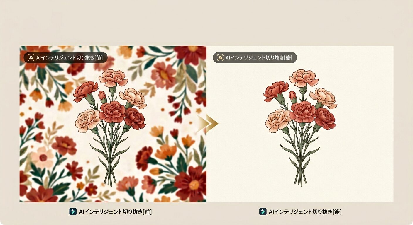FilmoraのAIスマートカットアウトでカーネーション素材を切り抜く