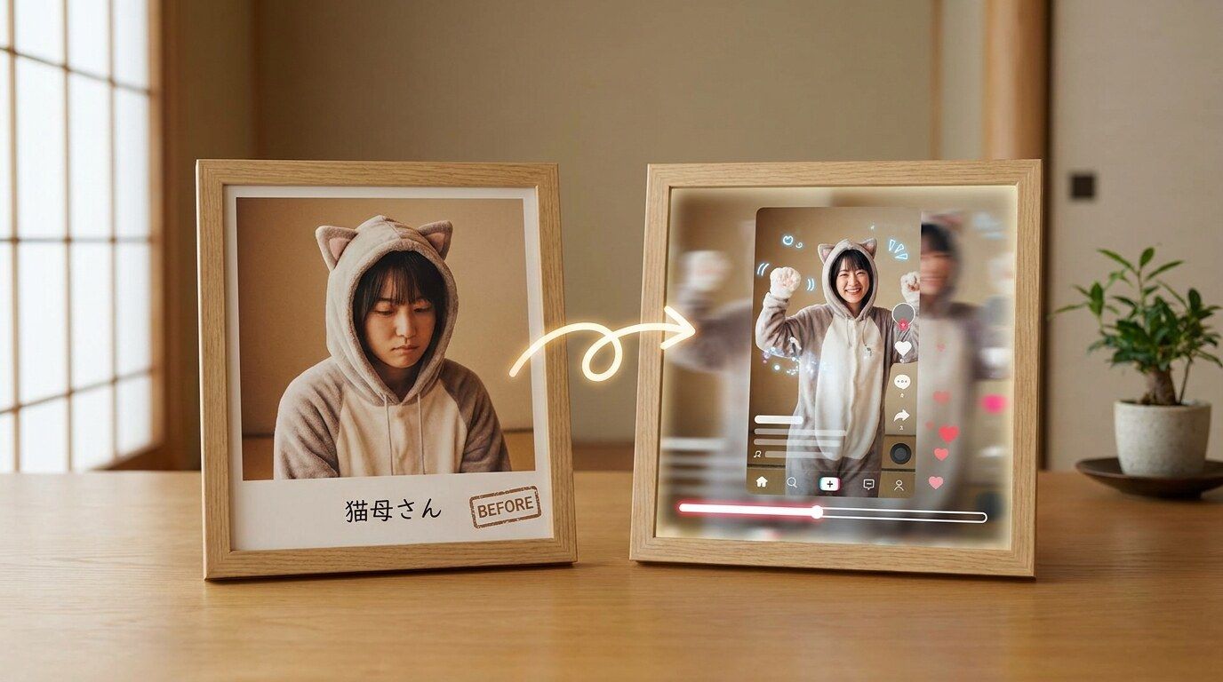 FilmoraのAI画像から動画生成で猫擬人化画像をショート動画化するイメージ