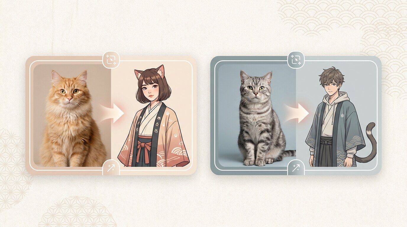 FilmoraのGPT Image 2で猫擬人化ビフォーアフター画像を作るイメージ