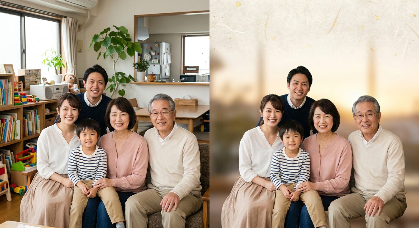 FilmoraのAIスマートカットアウトで家族写真を整理するイメージ
