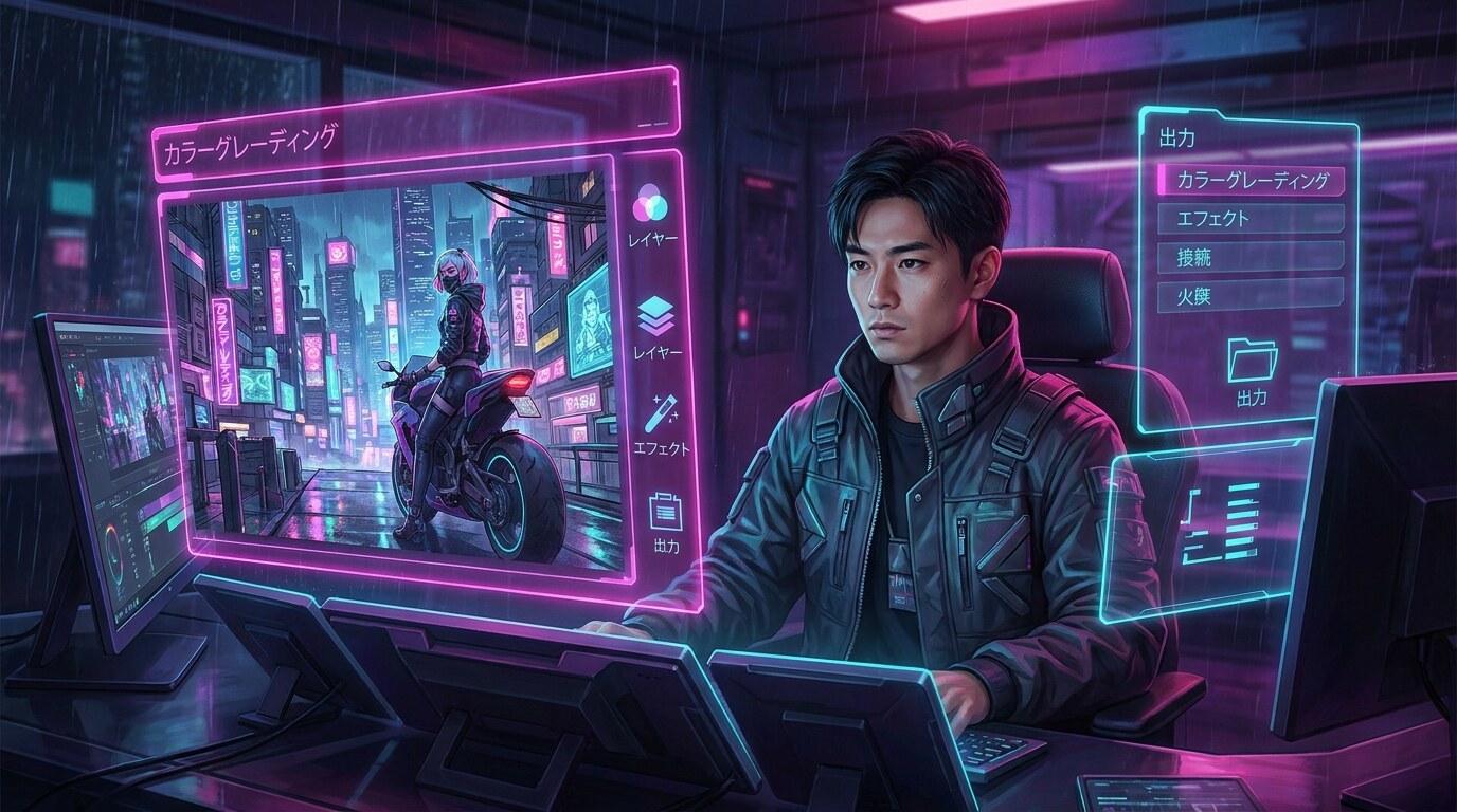 FilmoraのAIカラーパレットでサイバーパンク イラストの色味を整える