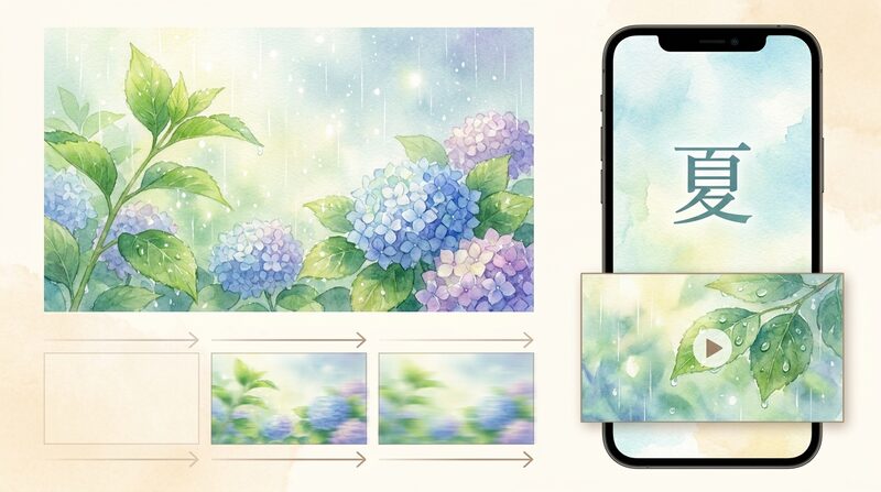 FilmoraのAI画像から動画生成で初夏イラストを動画素材化するイメージ