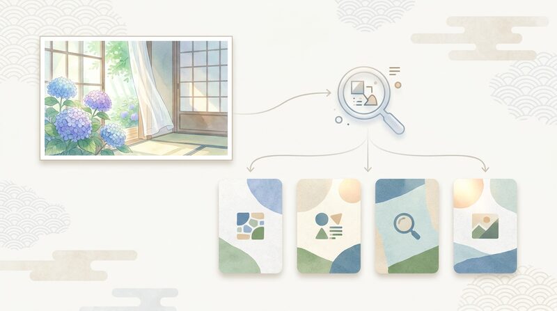 FilmoraのAI画像からプロンプト生成で初夏イラストの雰囲気を言語化するイメージ