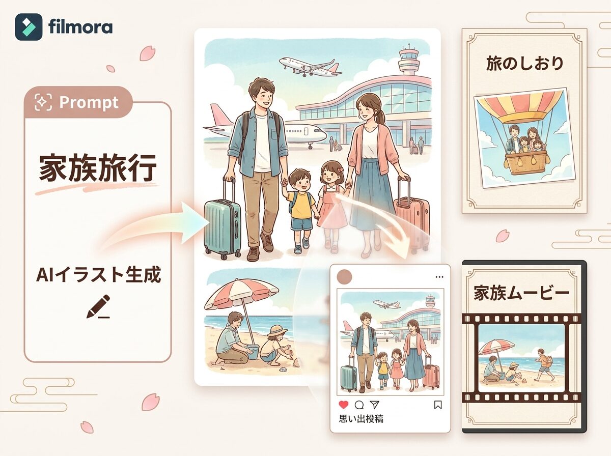 FilmoraのAI画像生成で家族旅行イラストを作成