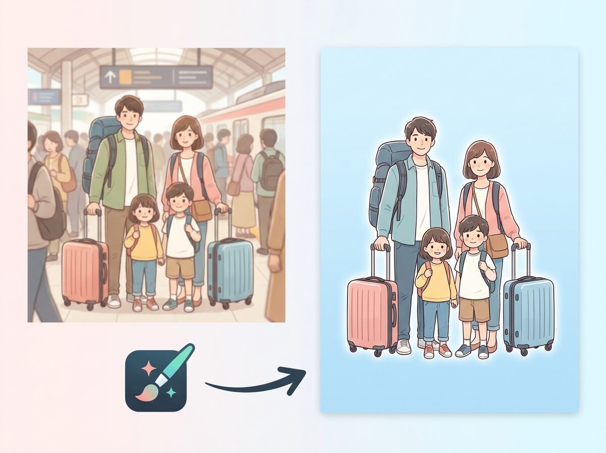 Filmoraで家族旅行イラストの主役を切り抜いて整理するイメージ
