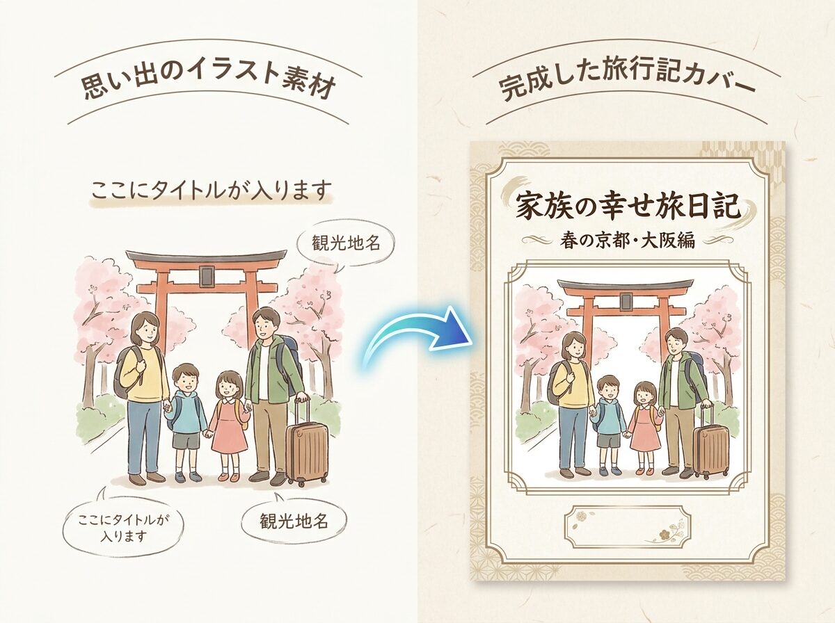 Filmoraで家族旅行イラストにタイトルや日付を加えるイメージ