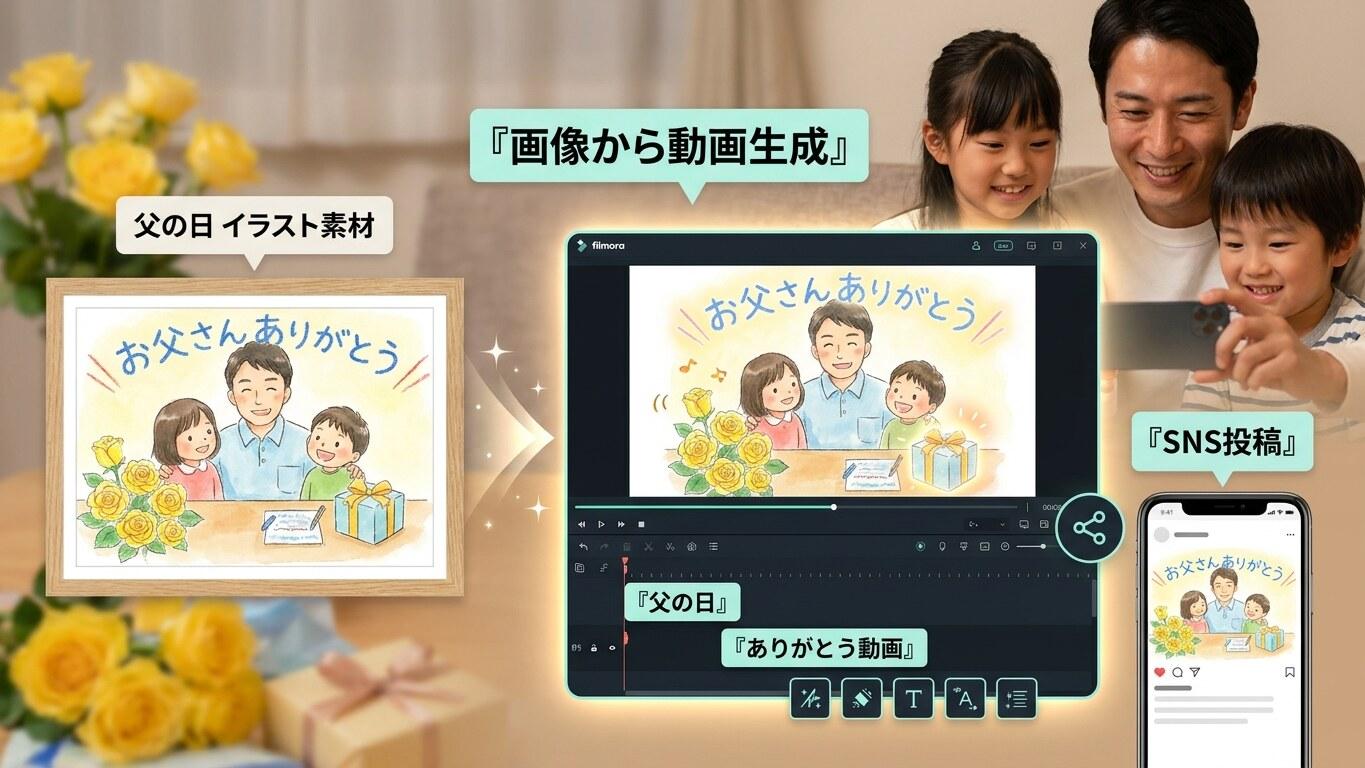 FilmoraのAI動画生成で父の日イラストを動画にする